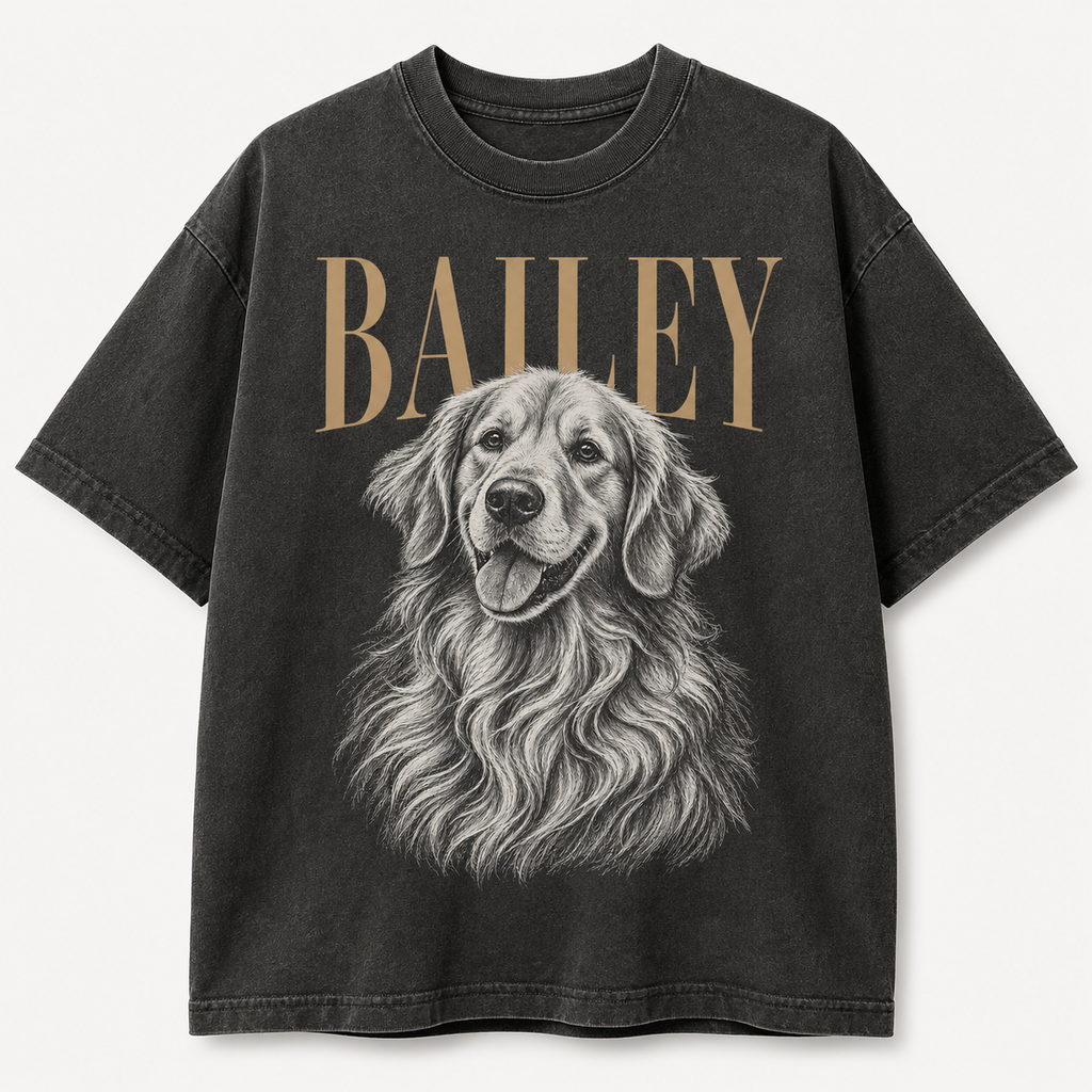 Style 1 Editorial Sketch and Giant Name custom pet T-shirt example