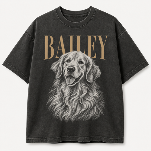 Style 1 Editorial Sketch and Giant Name custom pet T-shirt example