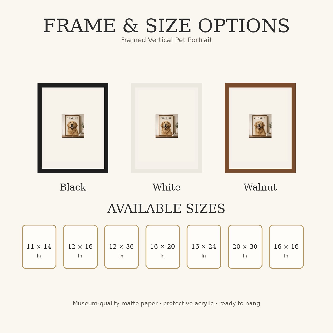 Frame finish and size options for framed pet portrait