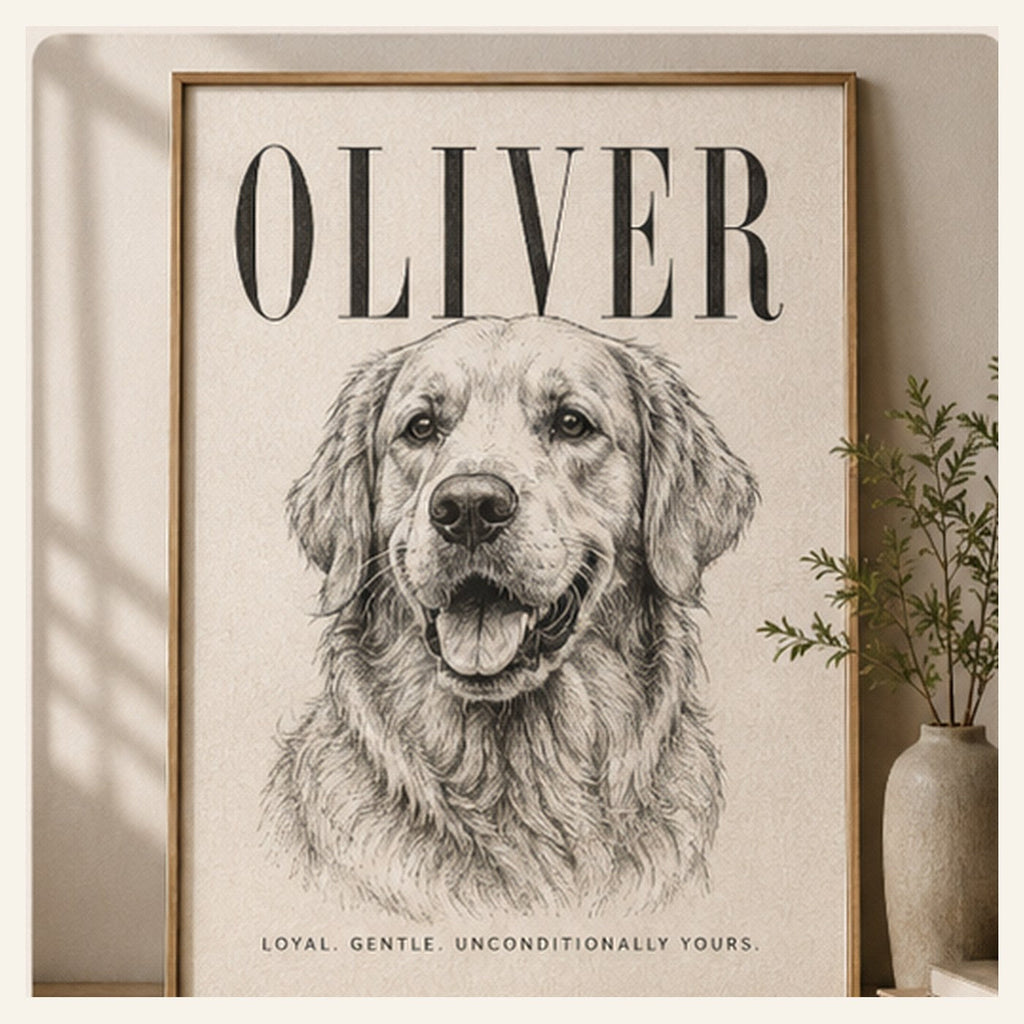 Custom framed pet portrait displayed in a premium home interior