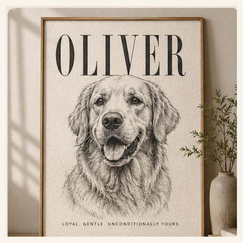 Custom framed pet portrait displayed in a premium home interior