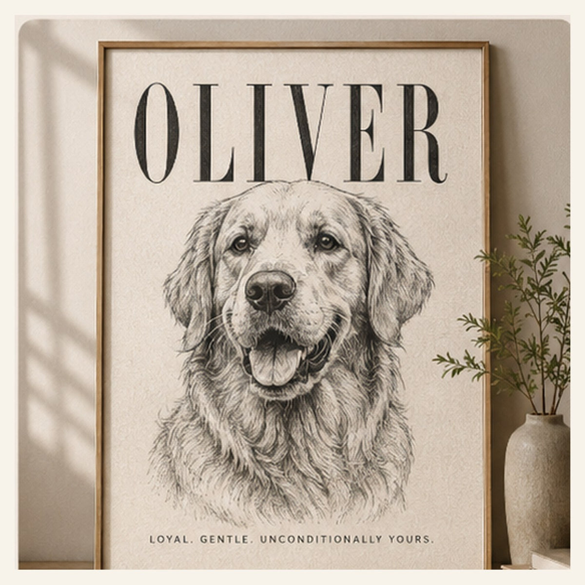 Style 1 Editorial Sketch and Giant Name framed pet portrait