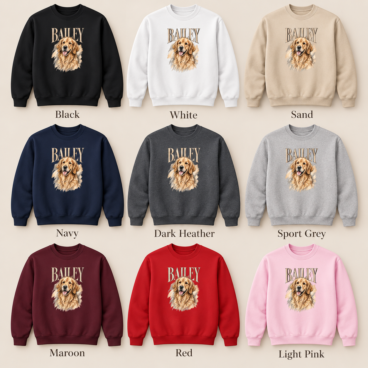 Gildan 18000 custom pet sweatshirt color guide showing Black White Sand Navy Dark Heather Sport Grey Maroon Red and Light Pink