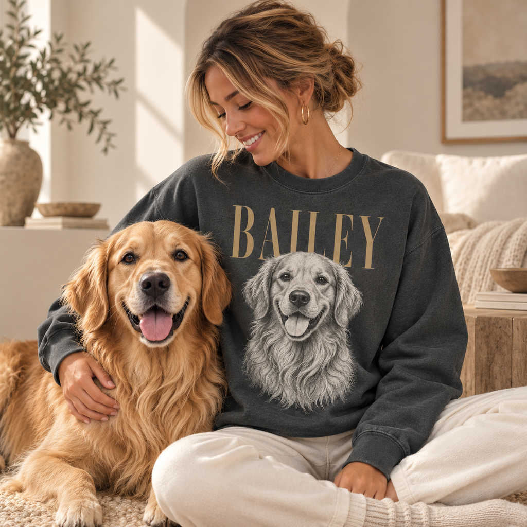 Woman wearing custom pet portrait crewneck with golden retriever Bailey