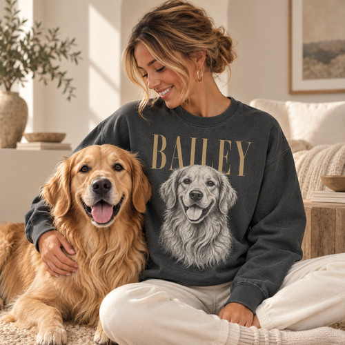 Woman wearing custom pet portrait crewneck with golden retriever Bailey