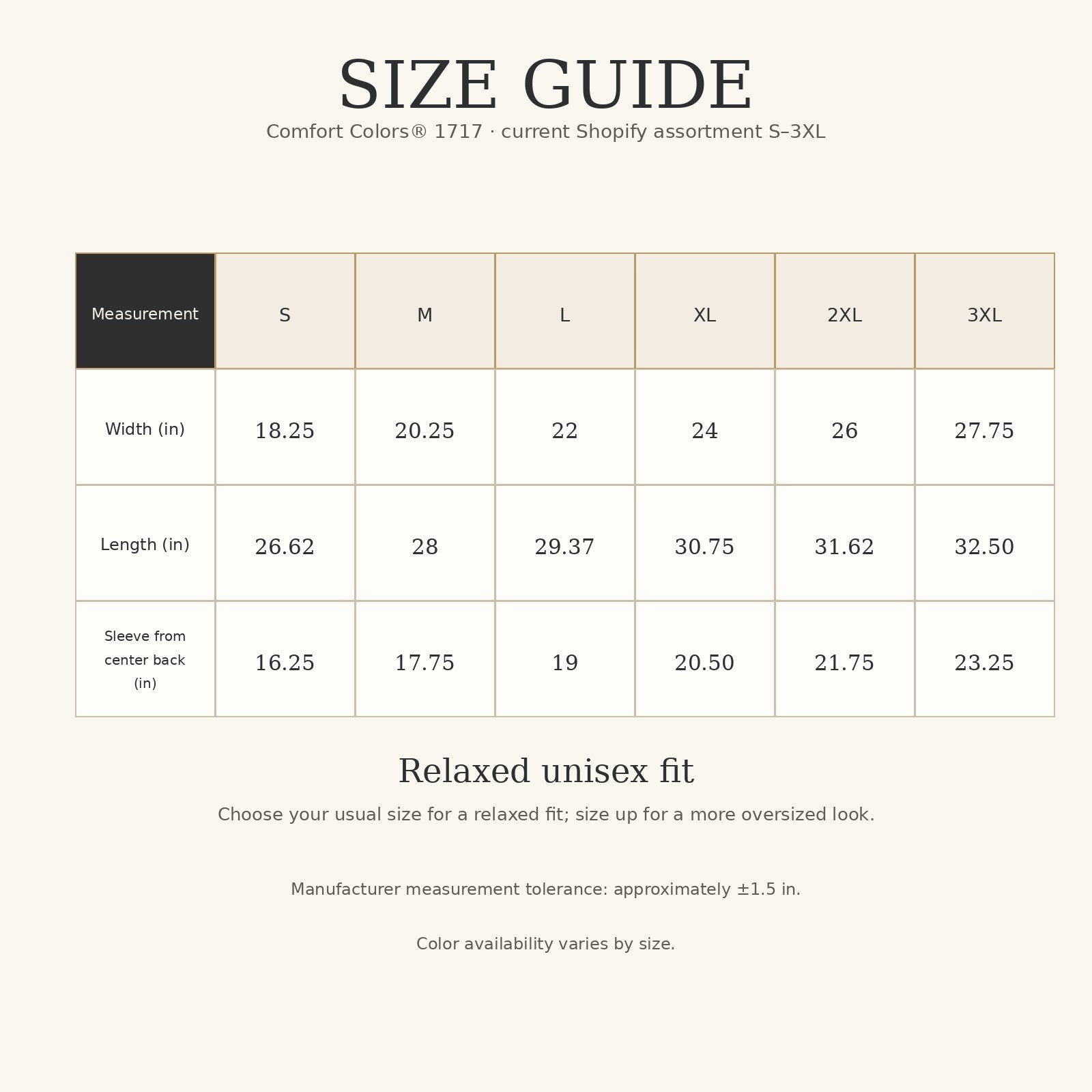 Comfort Colors 1717 size guide for the current S to 3XL product assortment