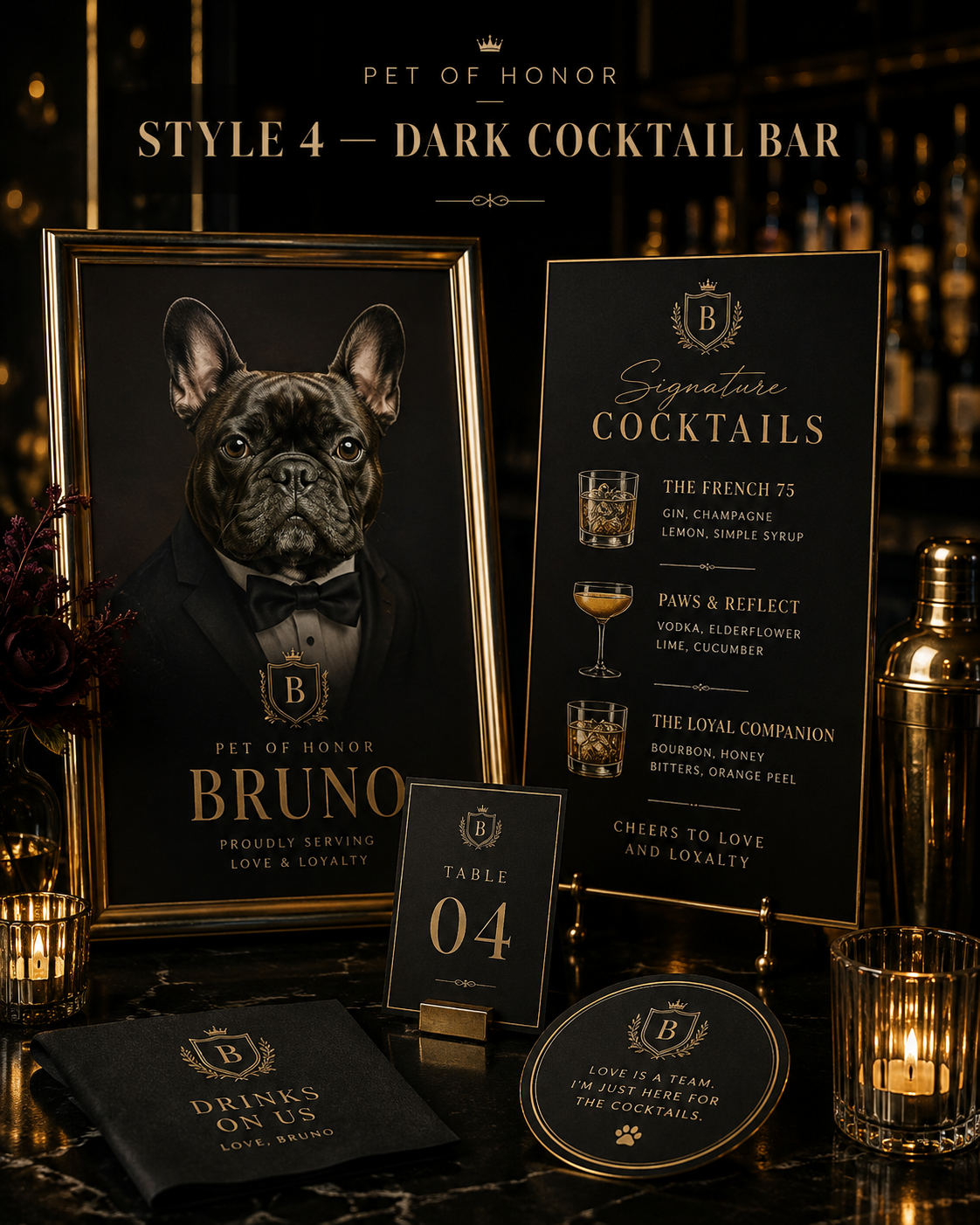 Dark Cocktail Bar personalized pet wedding collection
